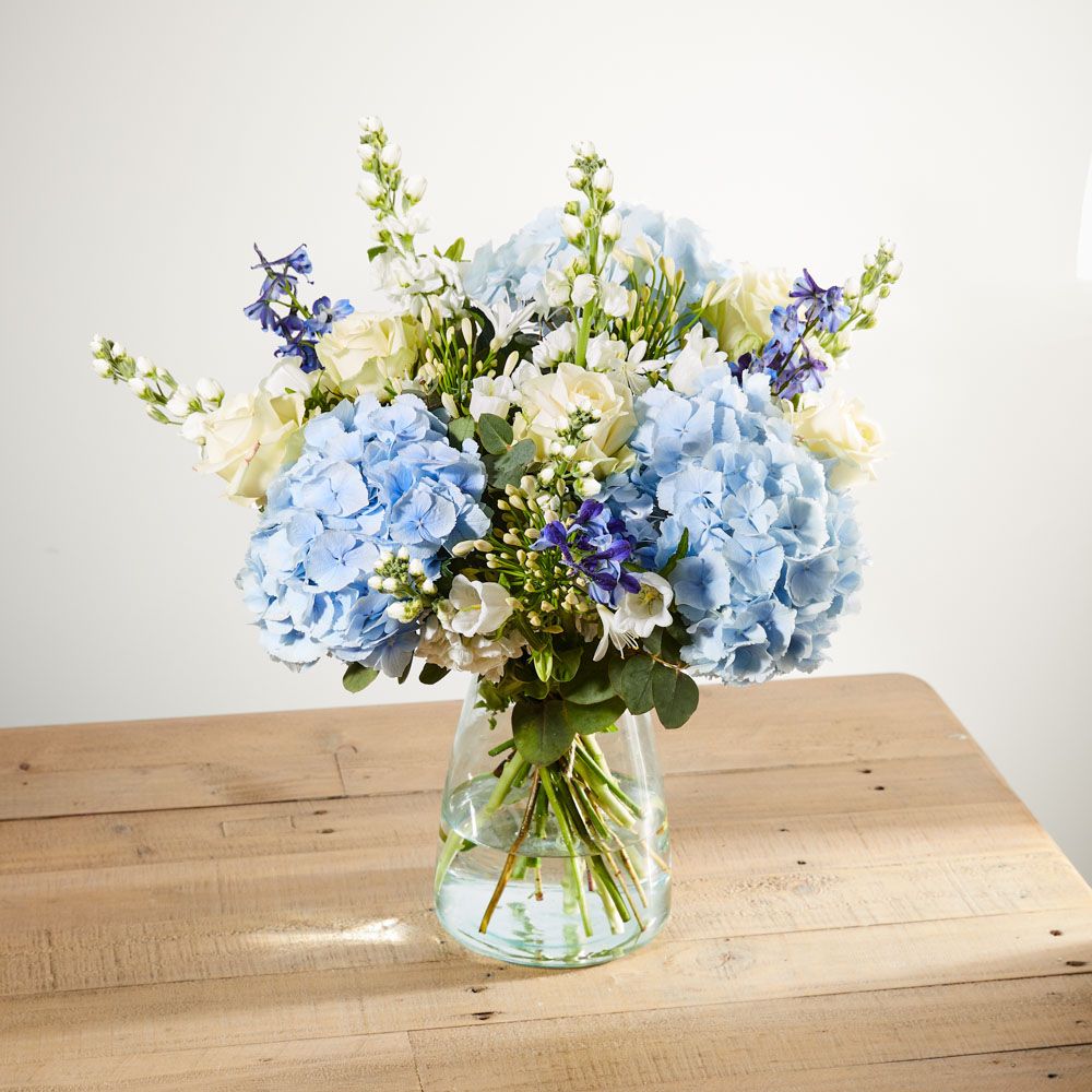 Blue hydrangeas, white agapanthus, white campanula, white roses, white stocks, blue delphiniums and eucalyptus cinerea foliage.