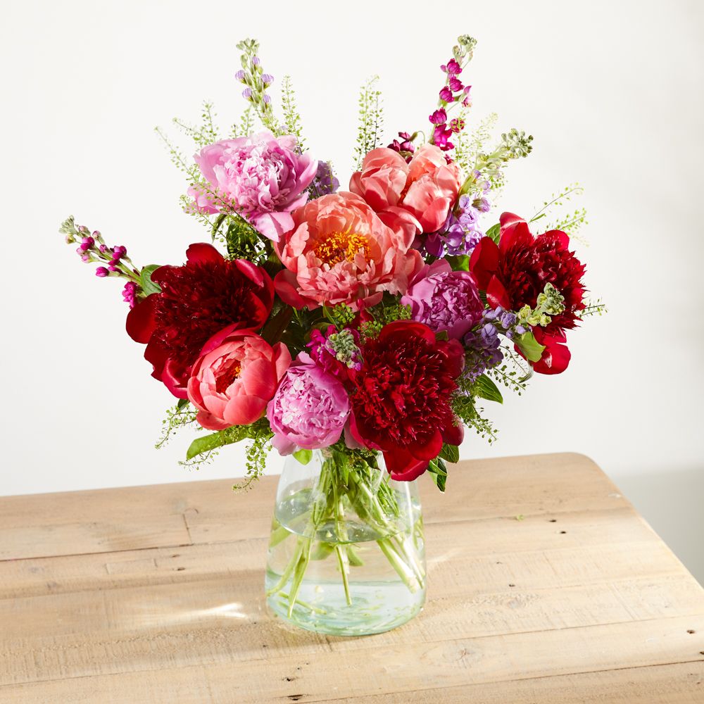 Red, coral and pink peony bouquet 
