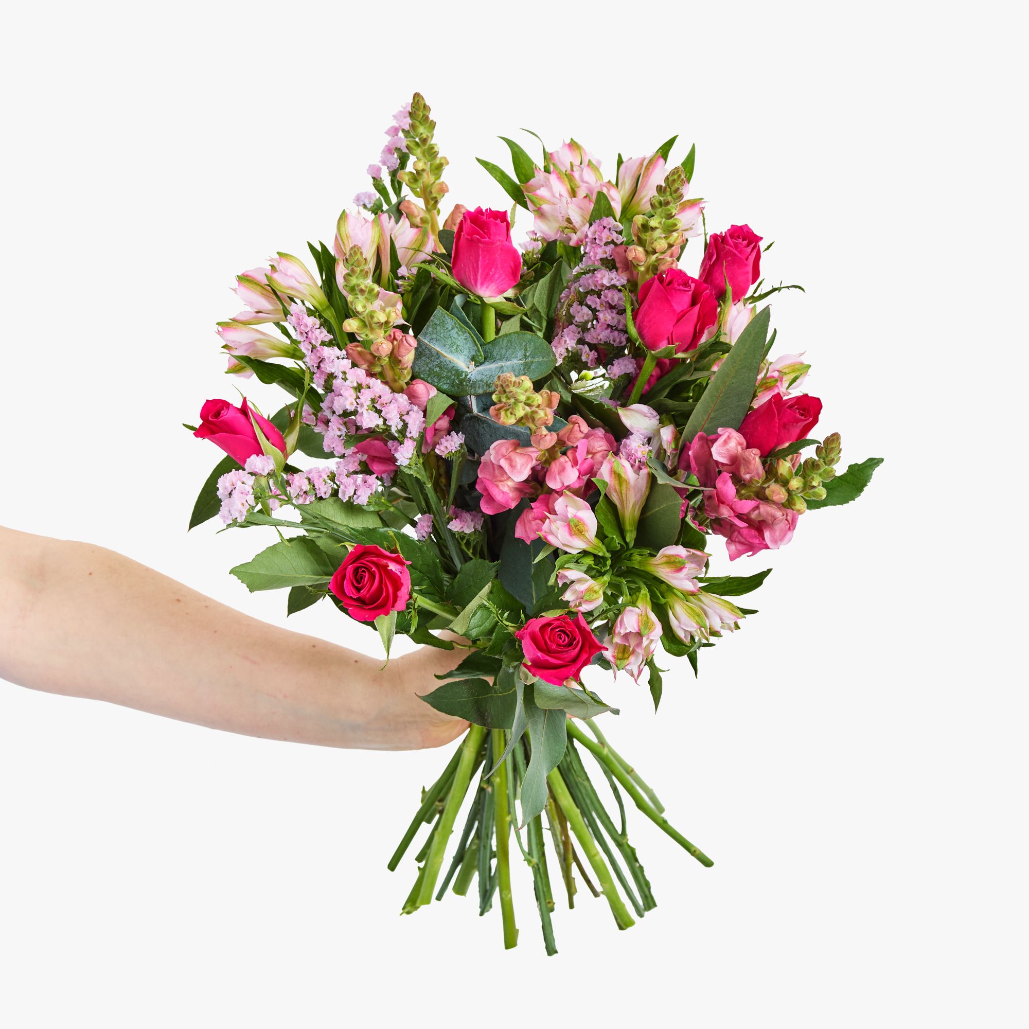 Roses, antirrhinum, statice, alstroemeria, eucalyptus robusta