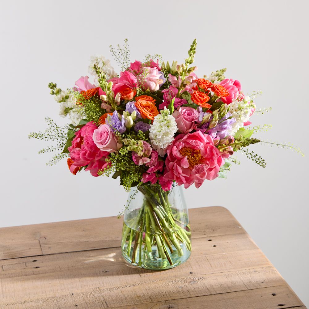 Pink mixed peony bouquet with roses and stocks
