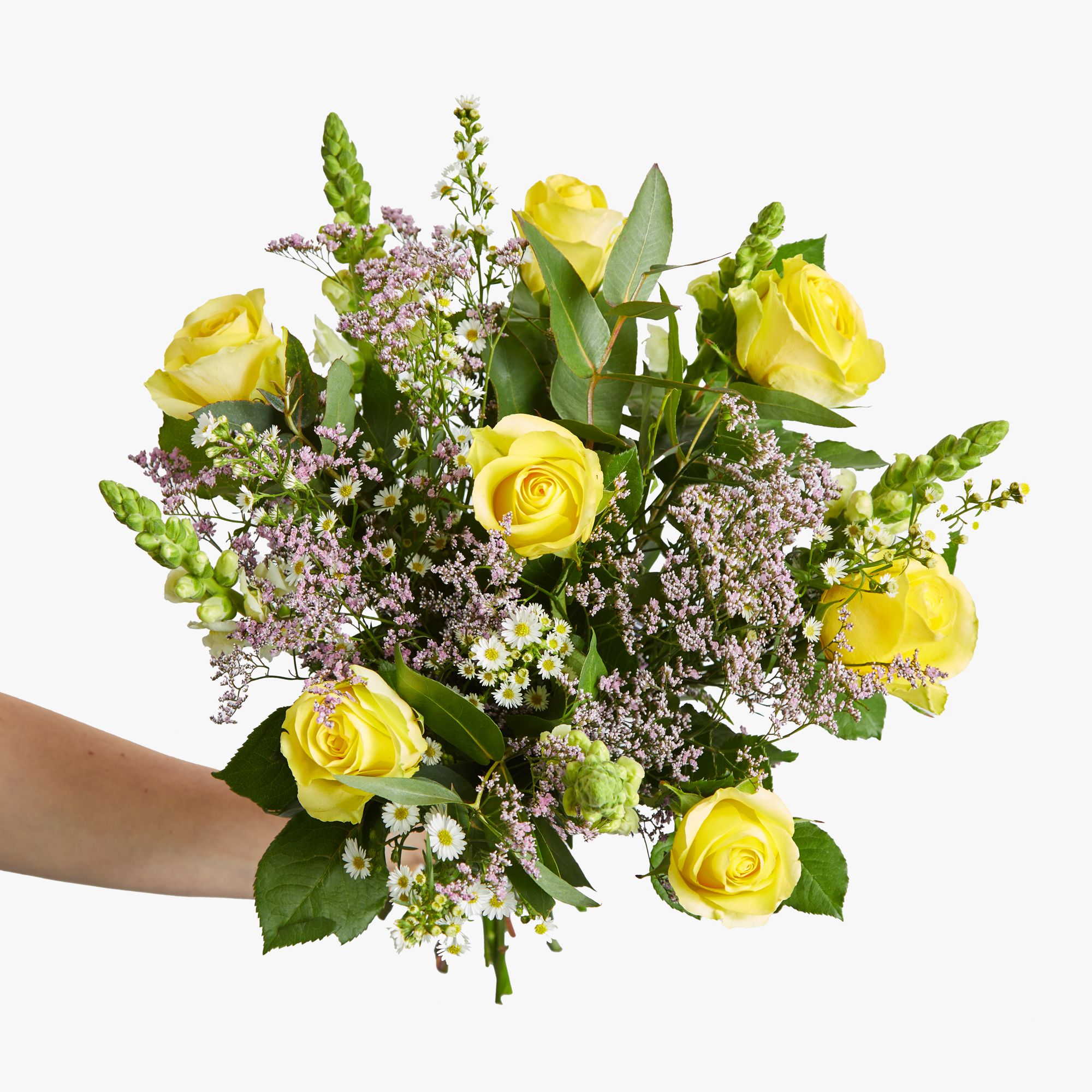 Roses, antirrhinum, limonium, asters and eucalyptus robusta