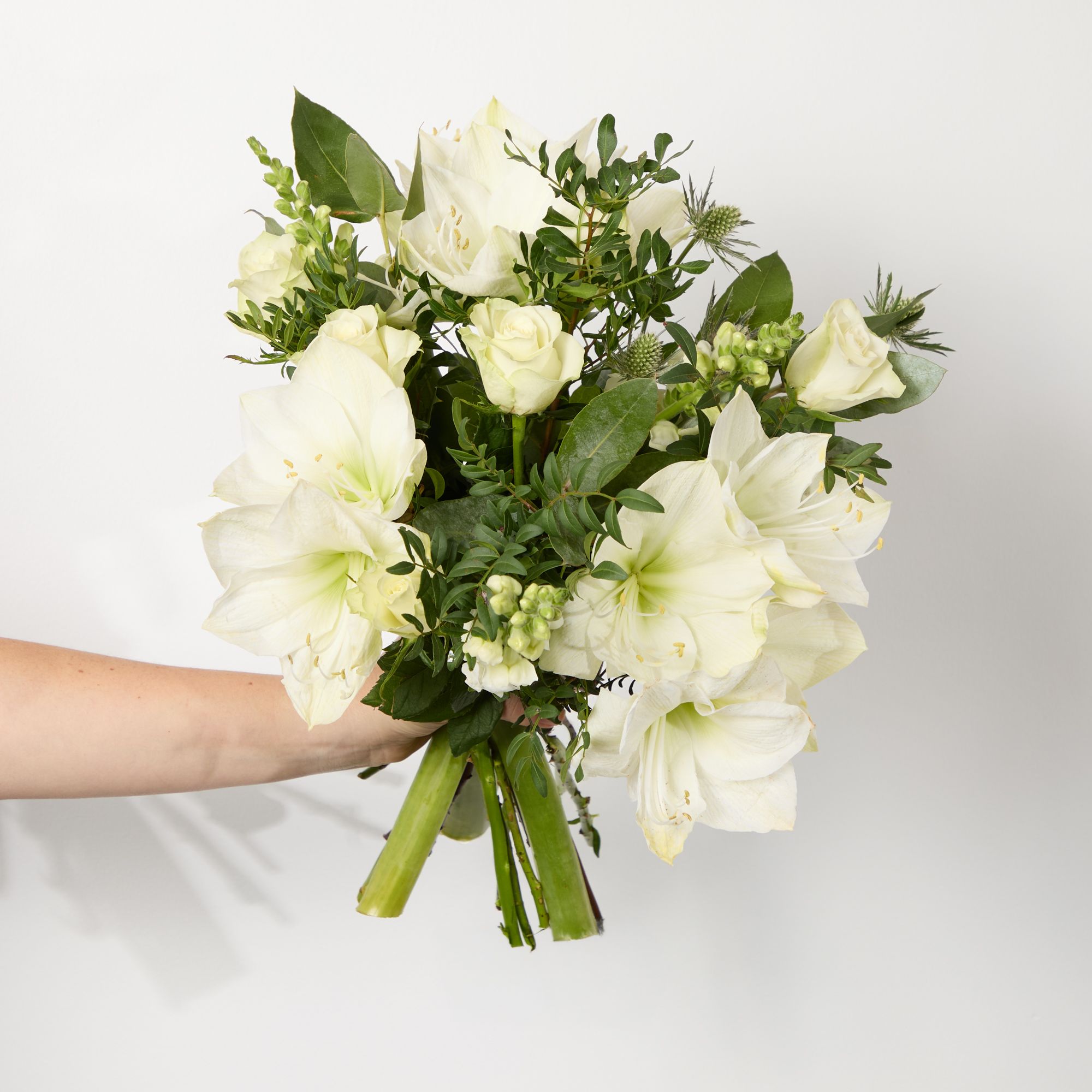 White amaryllis, white roses, white antirrhinum, white eryngium, pistache and eucalyptus robusta