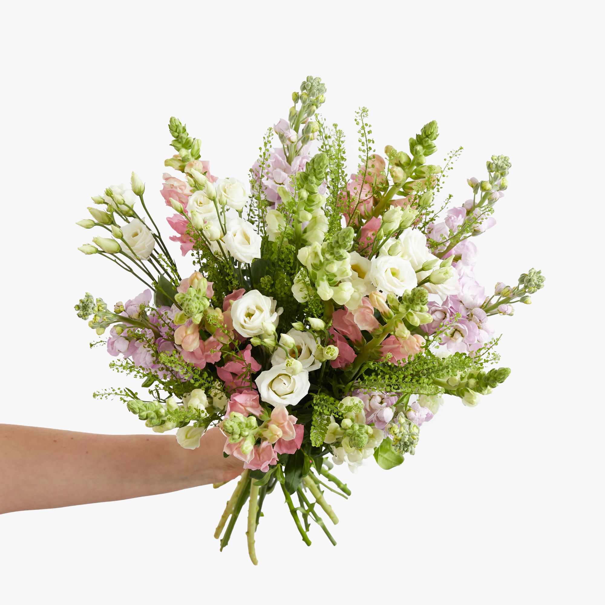 Pink stocks, white lisianthus, white and pink antirrhinum and greenbell