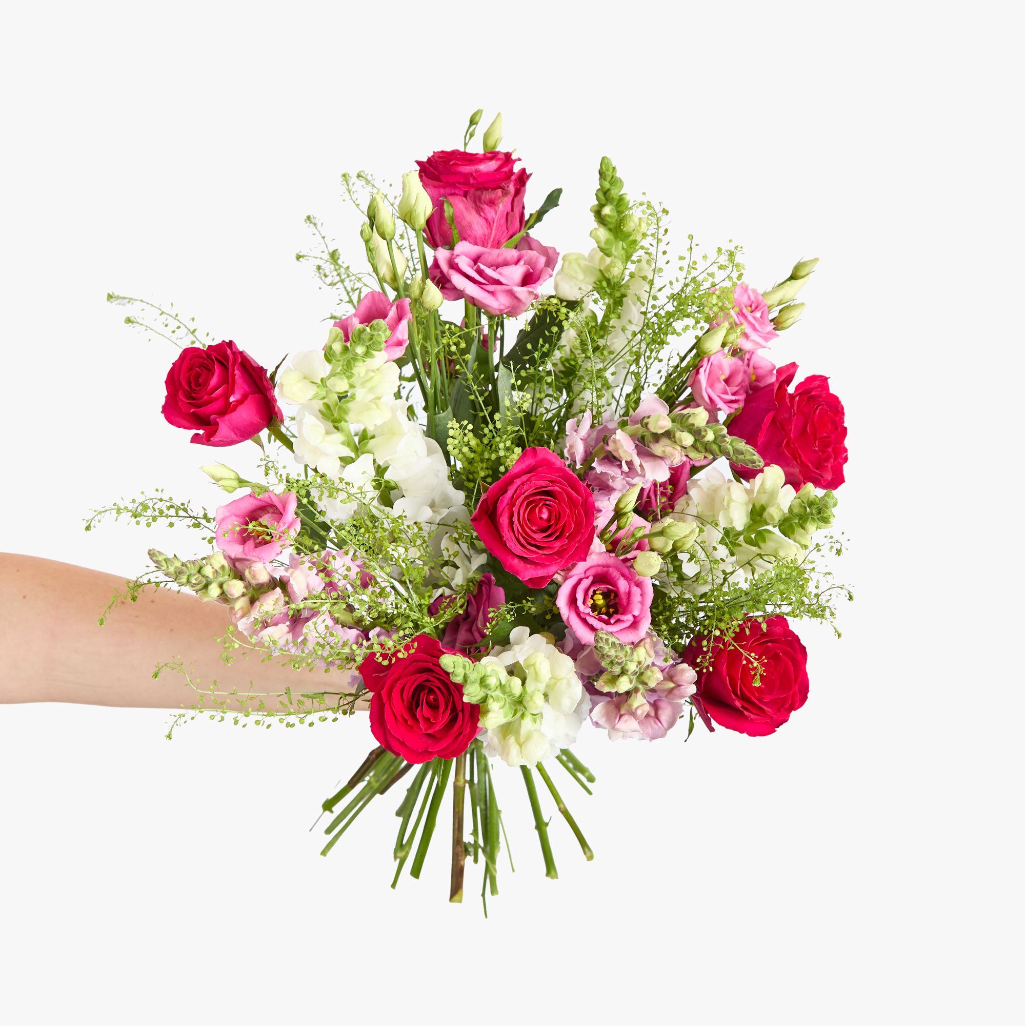 Cerise roses, lisianthus, antirrhinum and greenbell