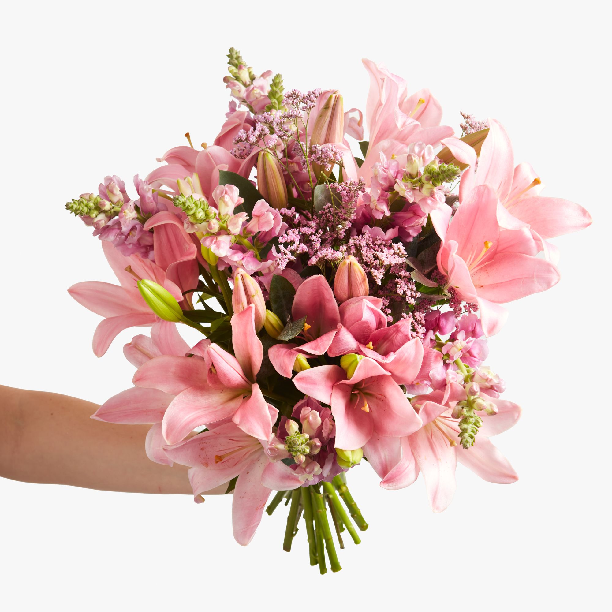 Pink ‘LA’ lilies, lavender antirrhinum, oshi limonium, UK-grown eucalyptus robusta