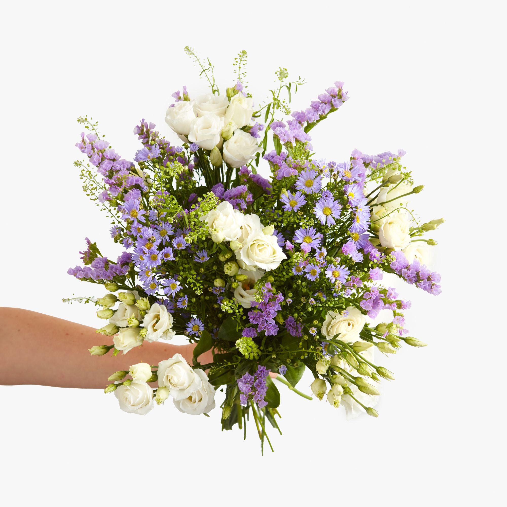 White lisianthus, lilac asters, lilac statice and greenbell