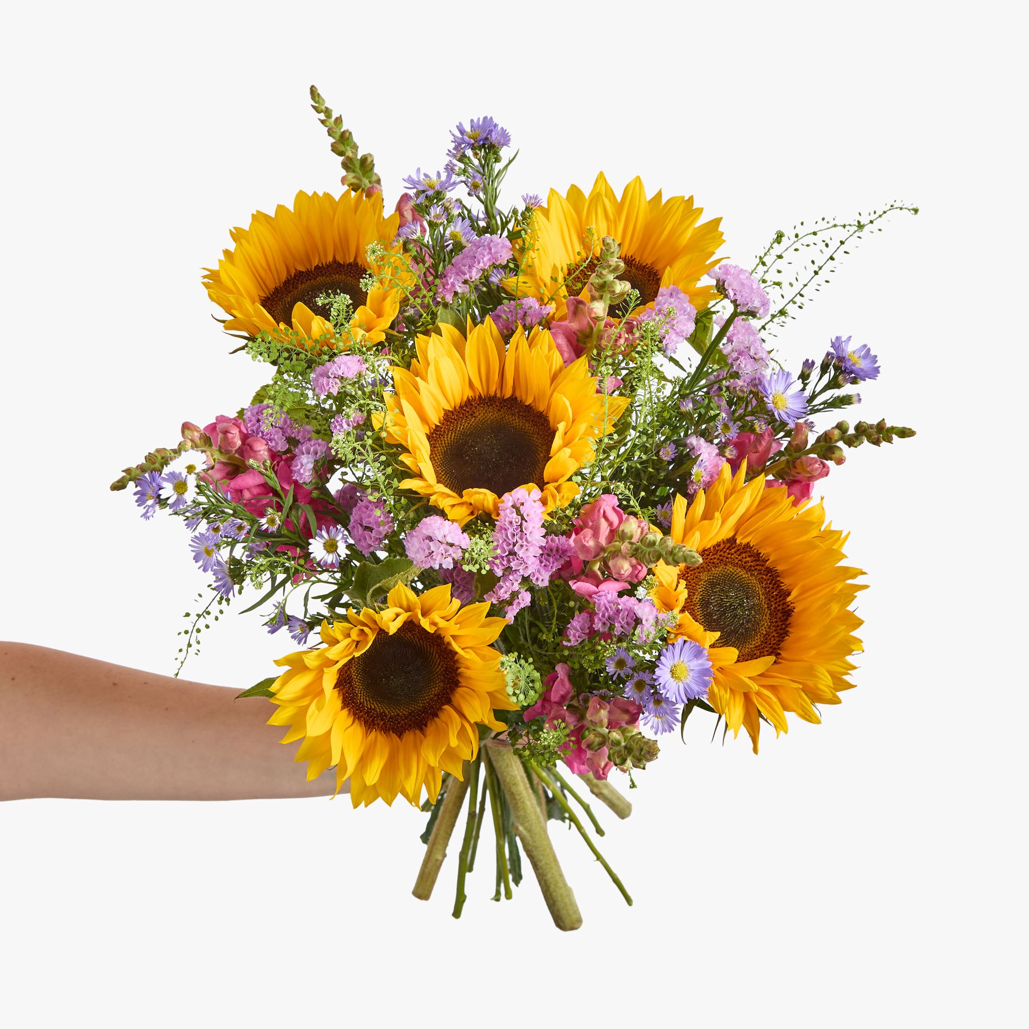 Sunflowers, lilac asters, pink antirrhinum, pink solidago and greenbell