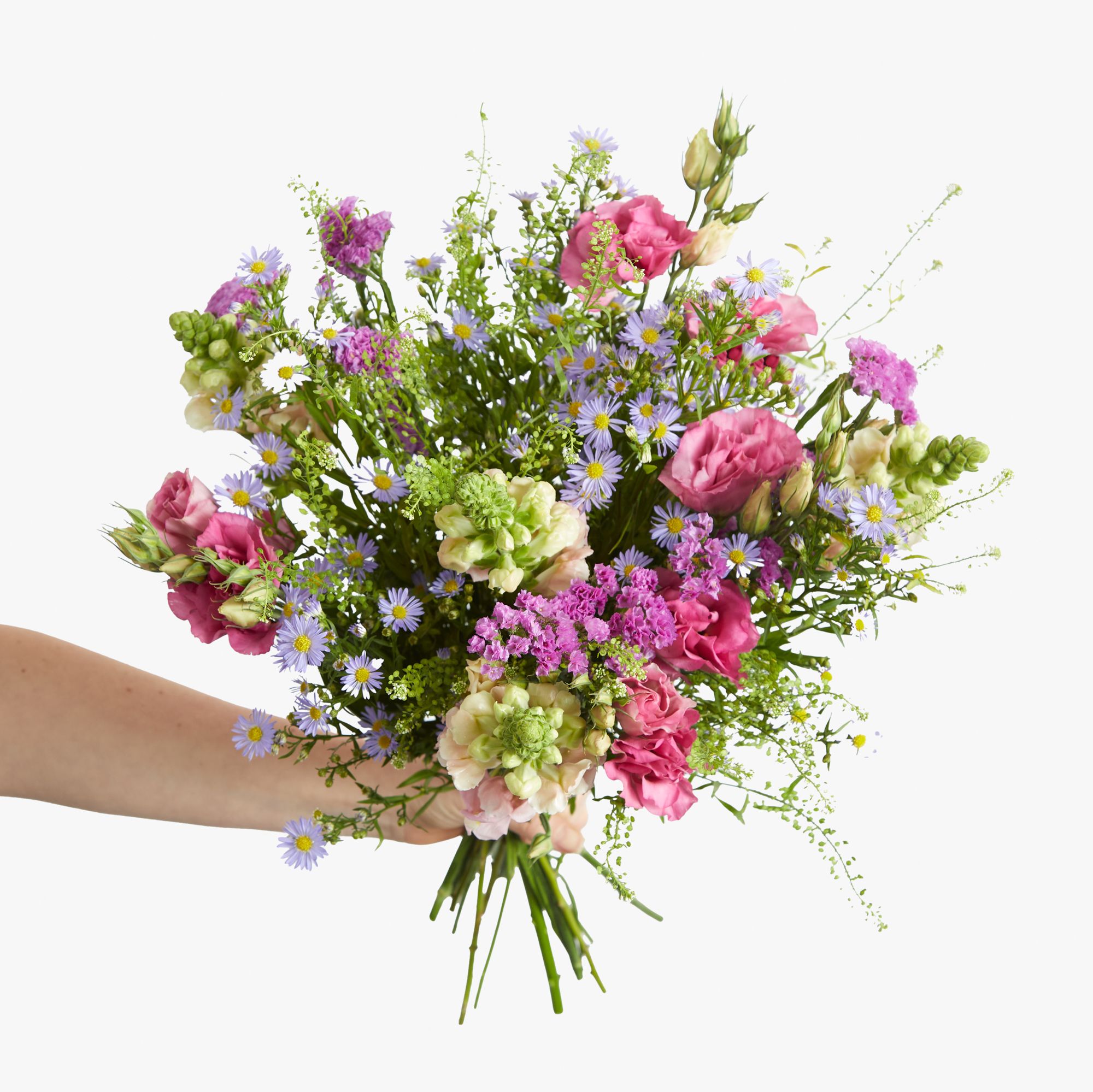 Lisianthus, asters, antirrhinum, statice and greenbell
