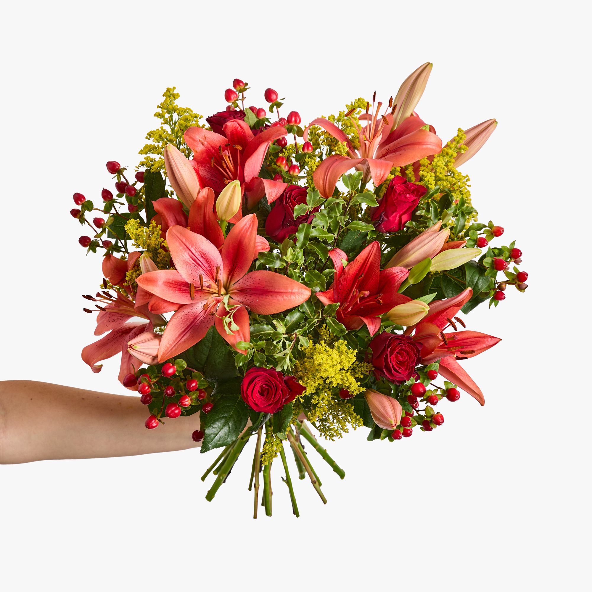 'LA' lilies, roses, hypericum, solidago and mini pittosporum
