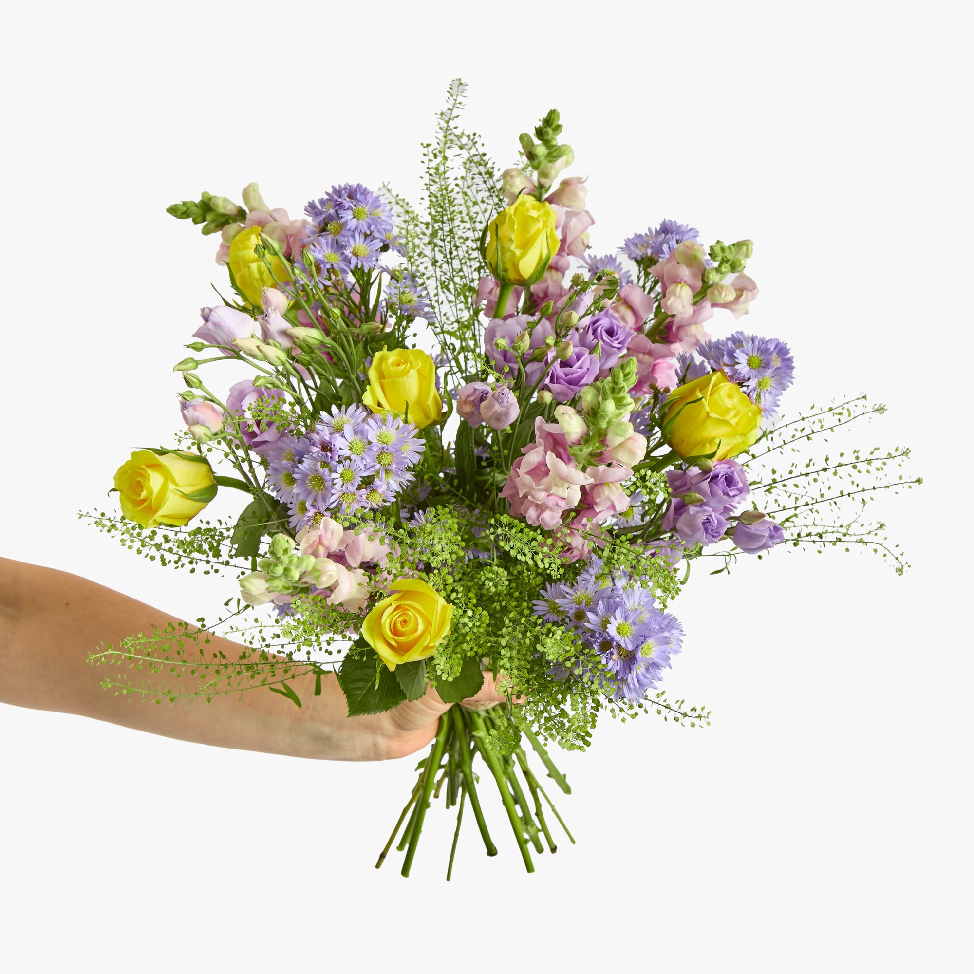 Yellow roses, lilac lisianthus, lilac asters, lilac antirrhinum and greenbell
