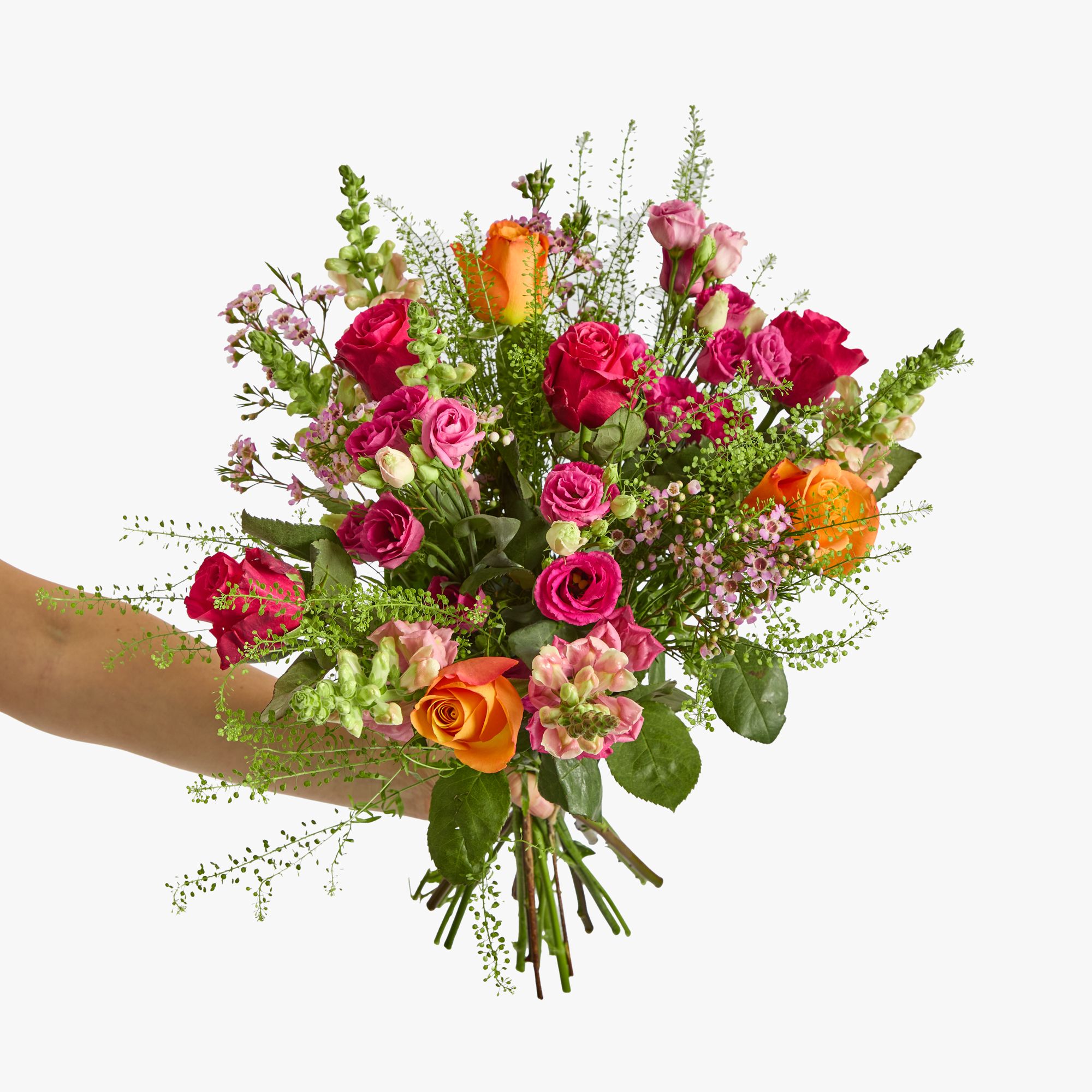 Orange 'Confidential' roses, Cerise roses, pink waxflowers, pink antirrhinum, red lisianthus and greenbell