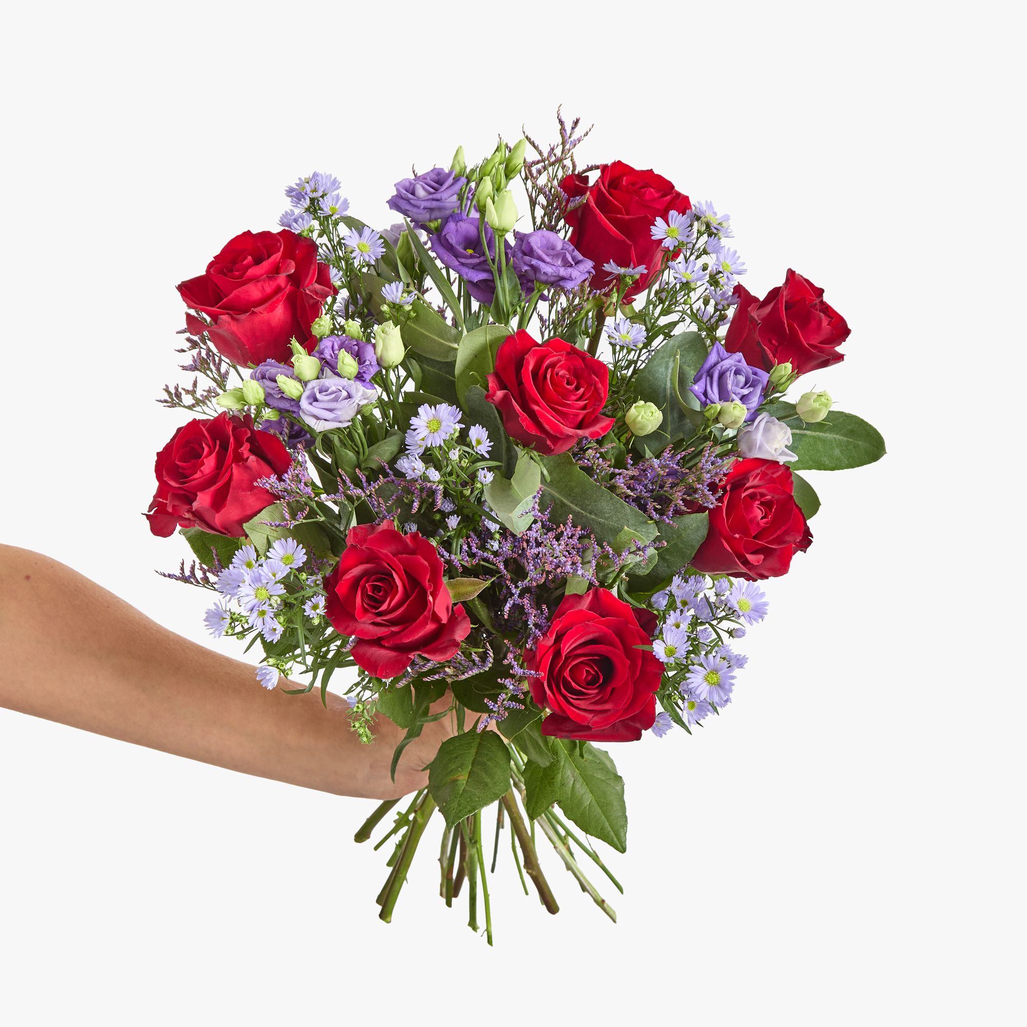 'Ever Red' roses, purple lisianthus, lilac asters, purple limonium and eucalyptus robusta