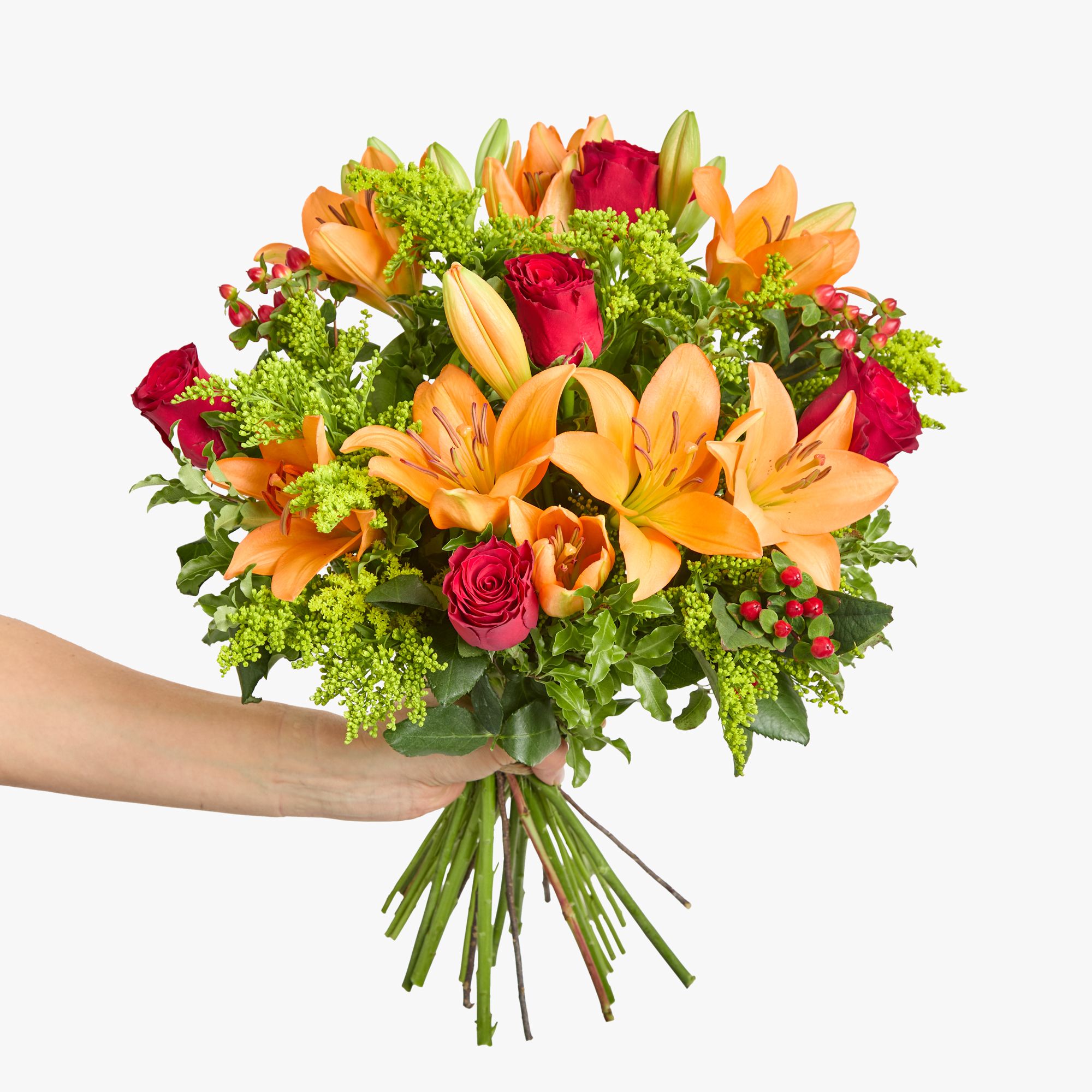 Orange 'LA' lilies, solidago, red roses, red hypericum and mini pittosporum