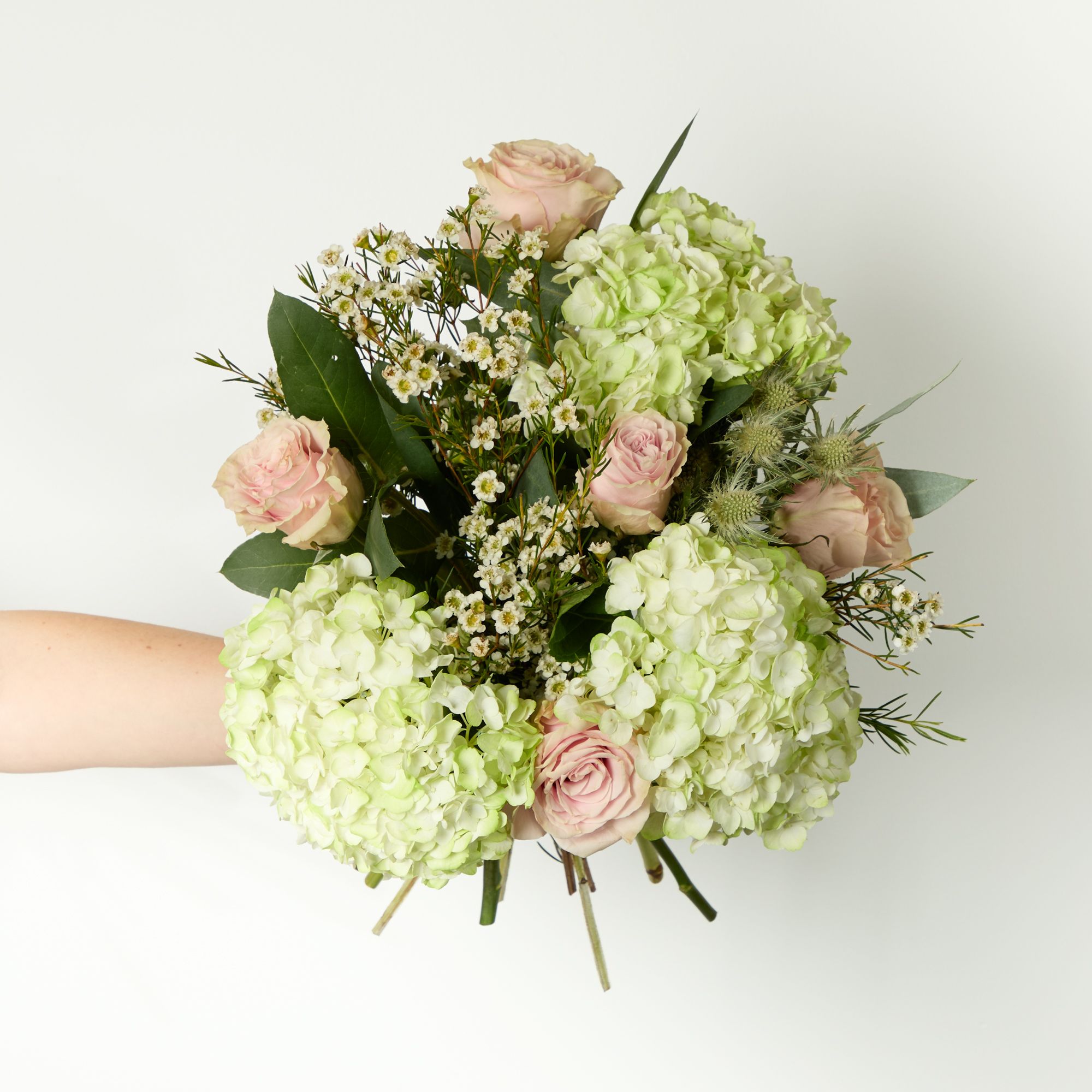Green tinted hydrangeas, pink ‘Mondial’ roses, white eryngium, white waxflowers and eucalyptus robusta