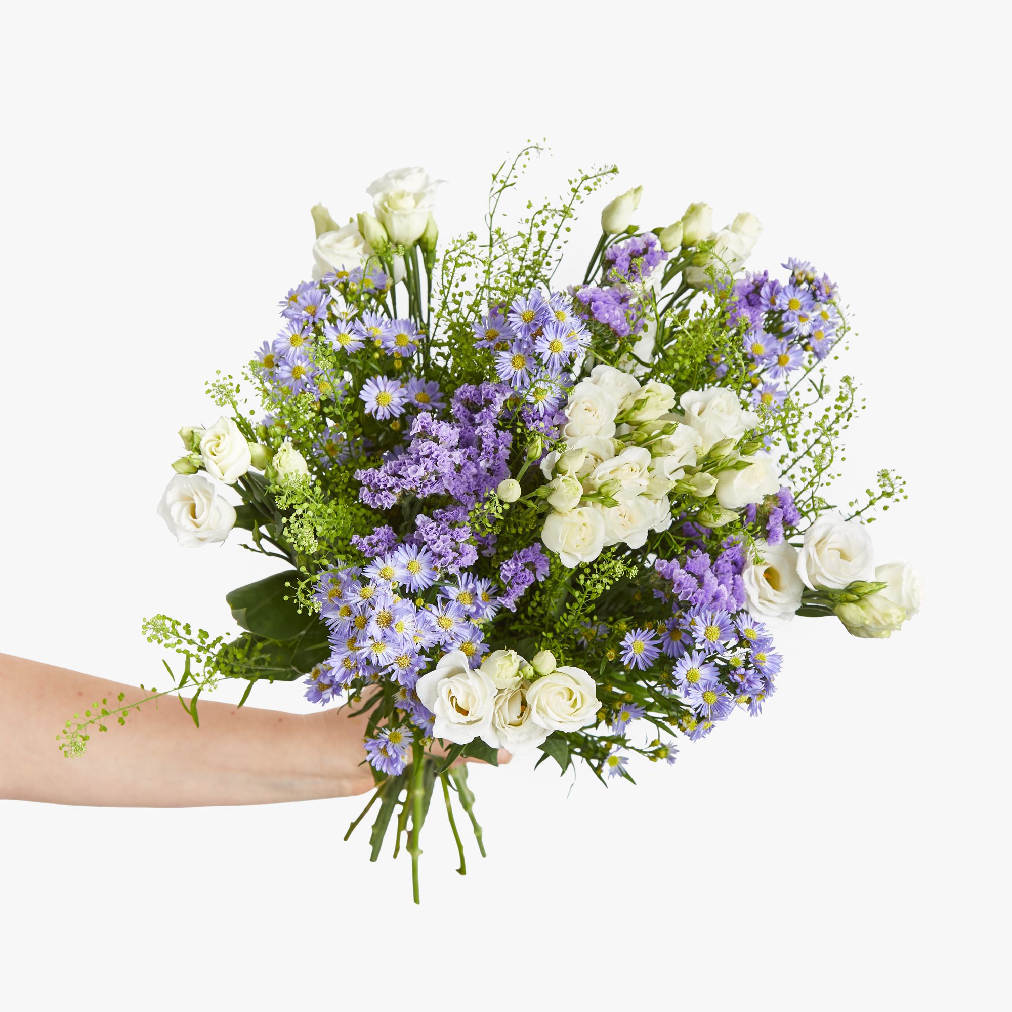 White lisianthus, lilac statice, lilac asters and greenbell