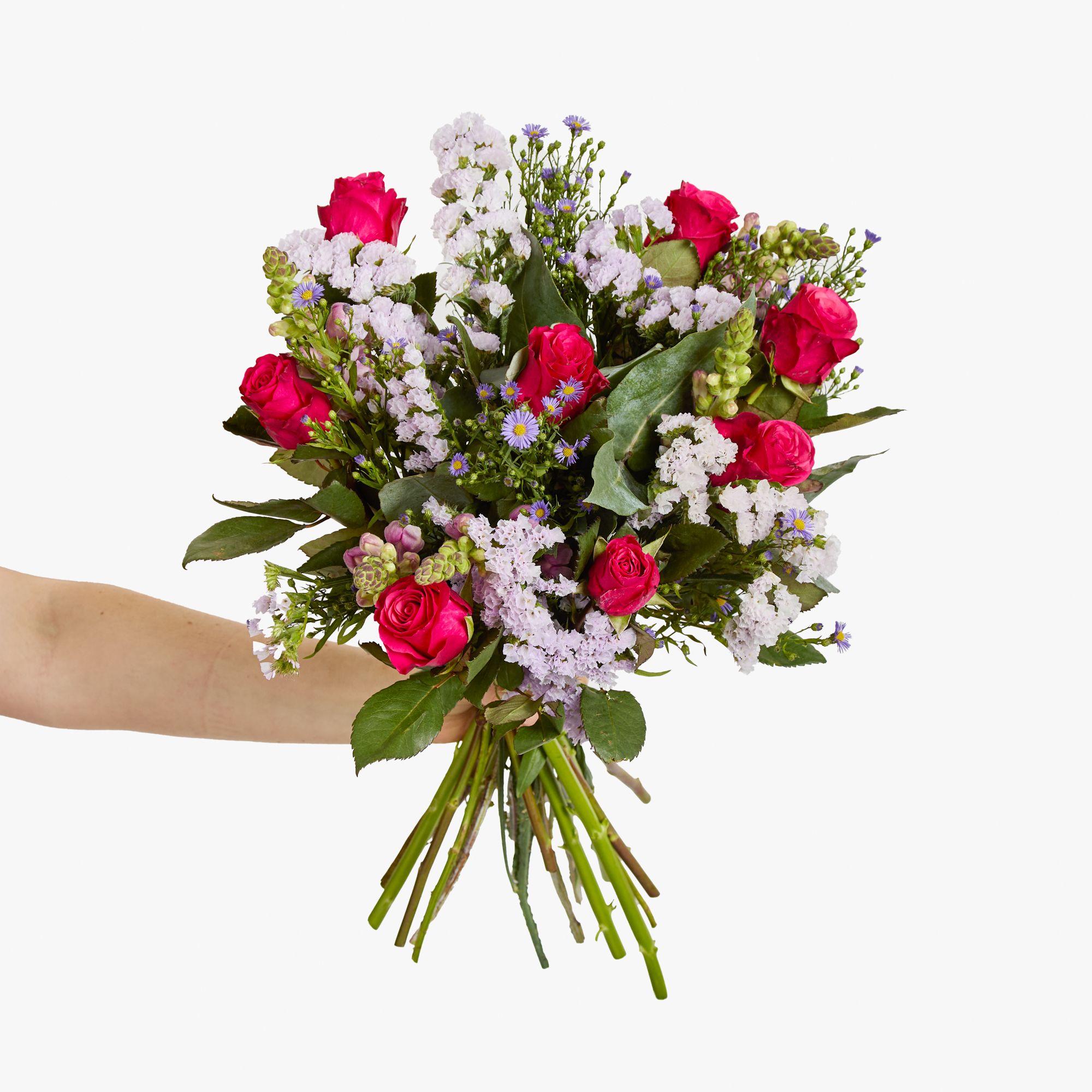 Lilac antirrhinums, cerise roses, lilac statice, lilac asters and eucalyptus robusta