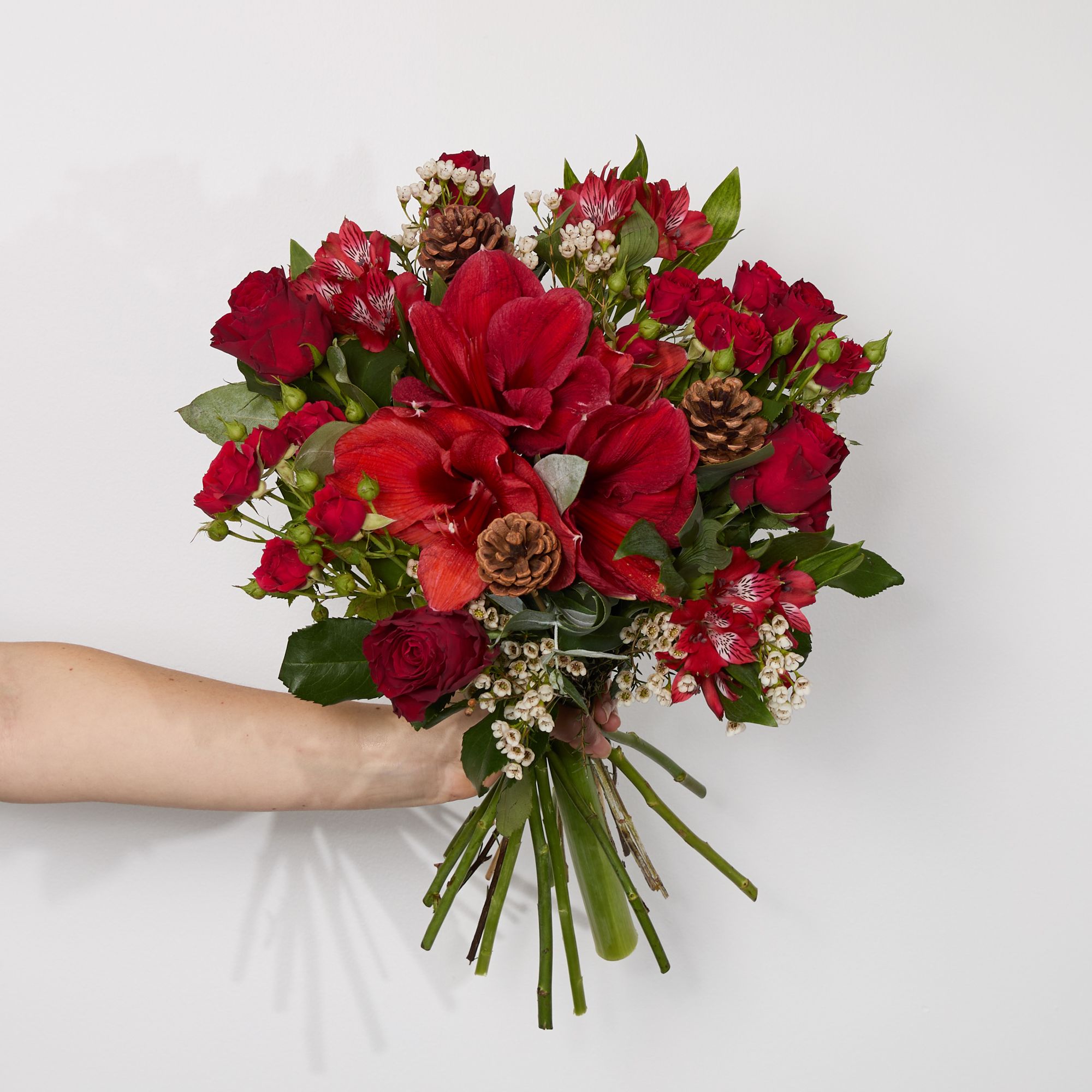 Red amaryllis, red roses, white waxflowers, red spray roses, red alstroemeria, eucalyptus robusta, pine cones