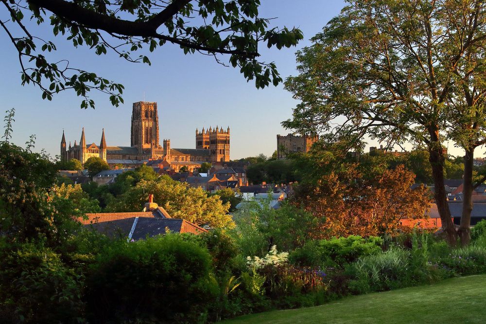 A view of a a green park of garden overlooking a neighbourhood with a beautiful cathedral and Norman castle in the distance.