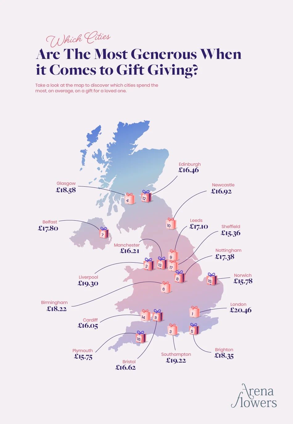 A graphic map showing the average price spent on gifts in each city